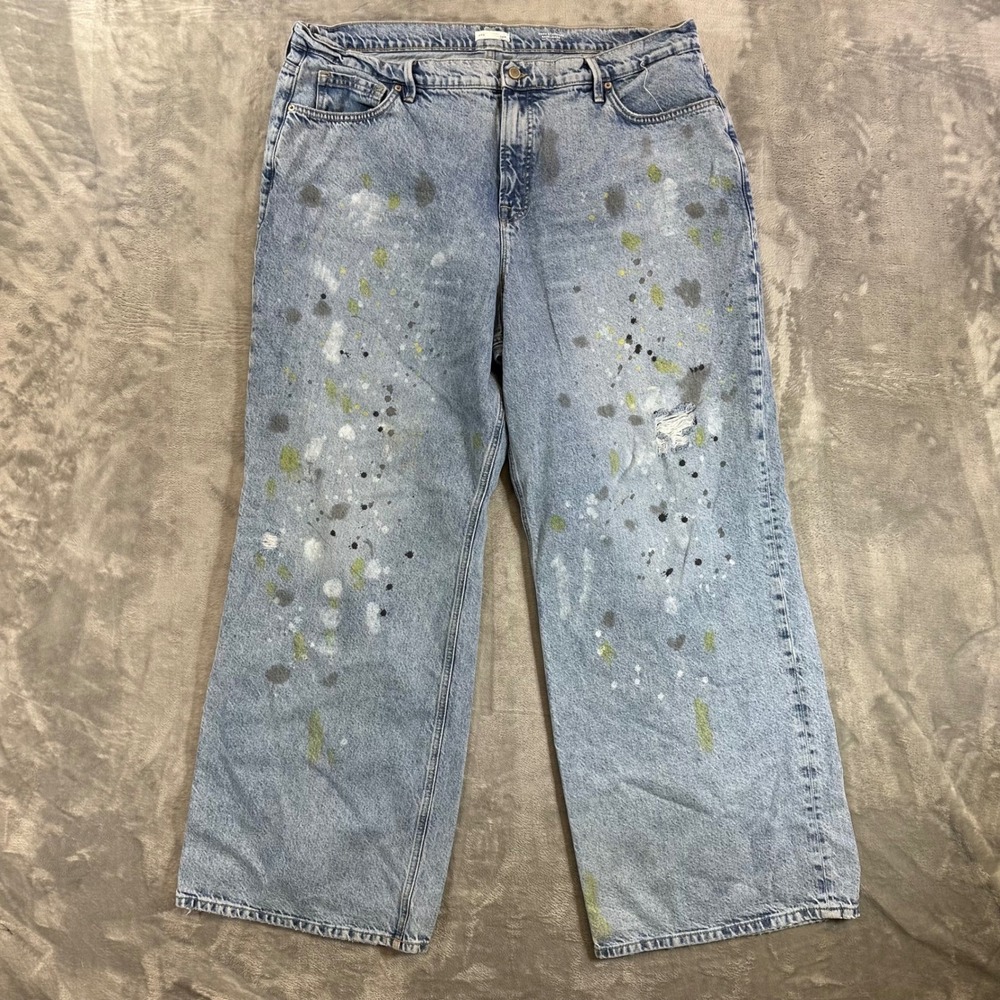 Good American Good Standard Ease Jeans Women's Size 16 Light Blue Paint Splatter